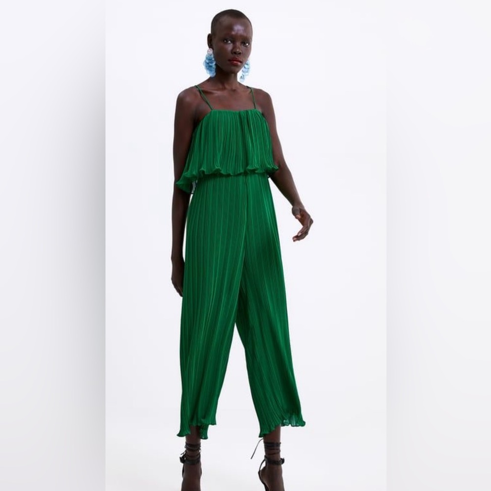 Zara wide leg pleated jumpsuit emerald green